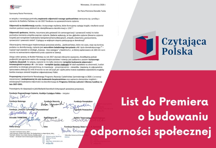CZYTAJĄCA POLSKA WYSTOSOWAŁA LIST OTWARTY DO PREMIERA DONALDA TUSKA